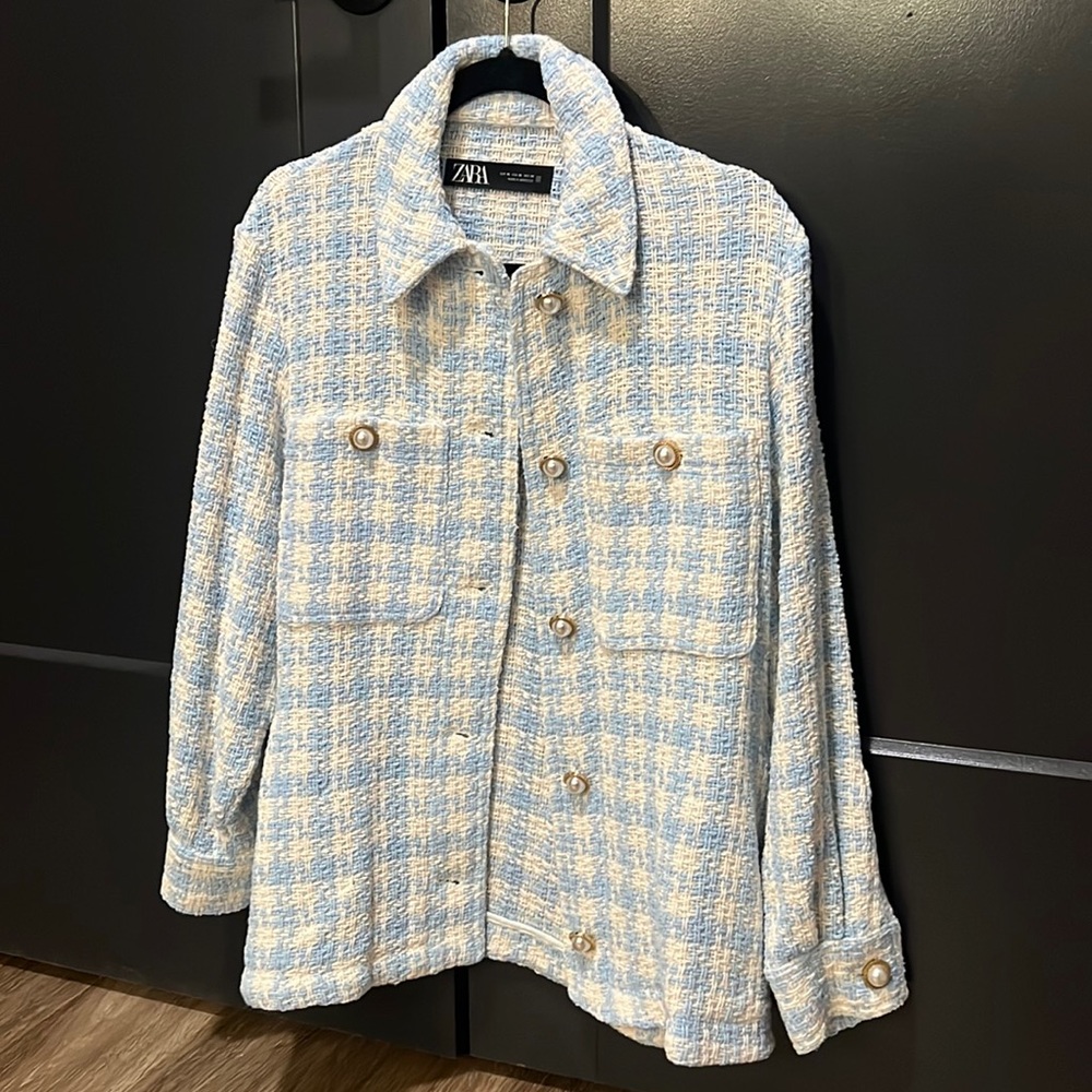 Baby blue zara jacket shirt